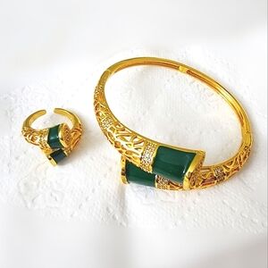 Gorgeous 18 Carat Gold Plated Green Stone CZ Bangle and Ring Set